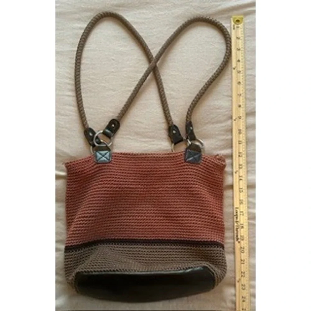 Croft & Barrow Crochet Knit Shoulder Bag Coral Taupe Colorblock Faux Leather